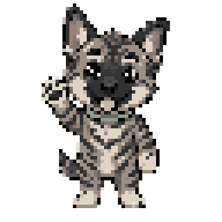Pixel-art hound mascot waving hello, holding a fountain pen.